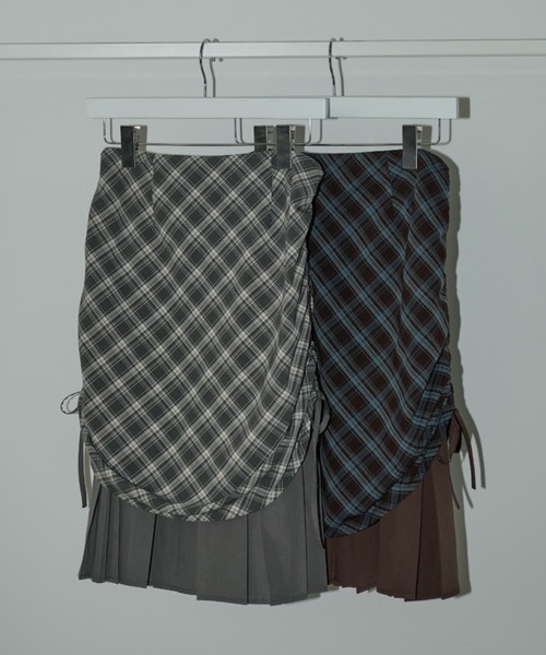 drawstring check pleats skirt / ローウエストドロストスカート