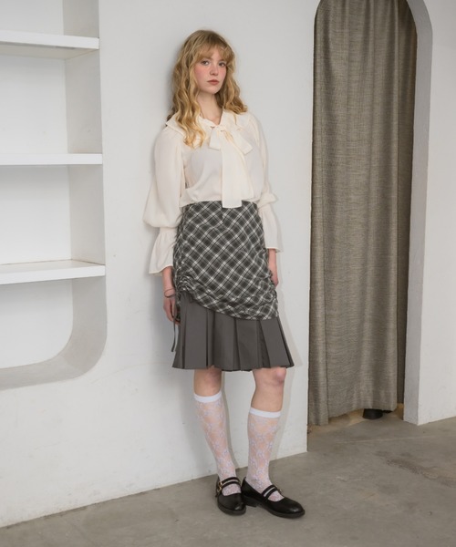 drawstring check pleats skirt / サイドドロストチェック