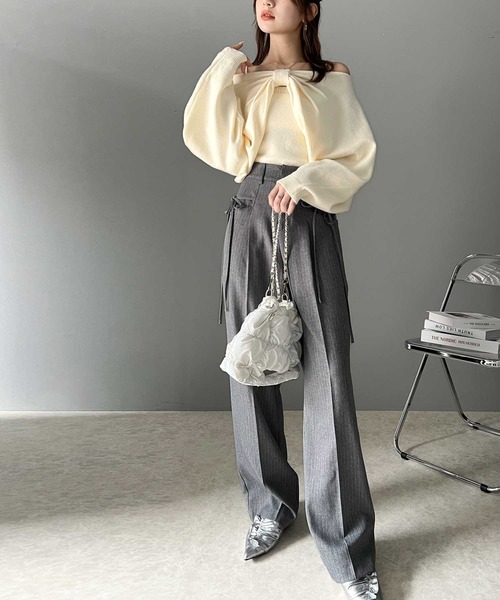 mily bilet（ミウィビレット）の「【mily bilet】キャミ&ニットのオフショル見せセットアイテム！マルチwayリボンボレロニットアンサンブル（ニット/セーター・レディース・ピンク/アイボリー/チャコールグレー・LARGE/MEDIUM/SMALL/X-LARGE）」の9枚目の写真