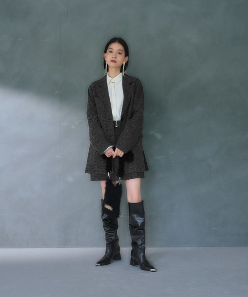 HARE（ハレ）の「2Pミドルジャケット＊アシメプリーツショートパンツ(HARE)（セットアップ・レディース・ブラック/オフホワイト・FREE）」の5枚目の写真