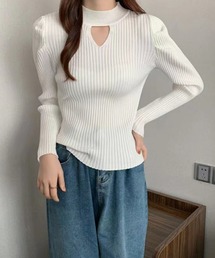 カットアウトリブニットトップス 細身 カッティングニット タートルネック 韓国ファッション