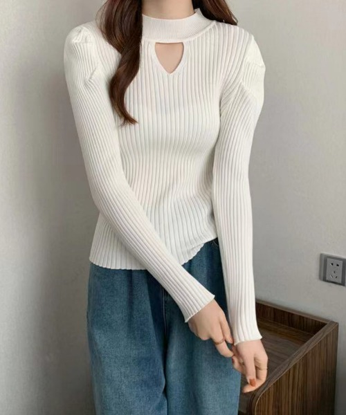 カットアウトリブニットトップス 細身 カッティングニット
