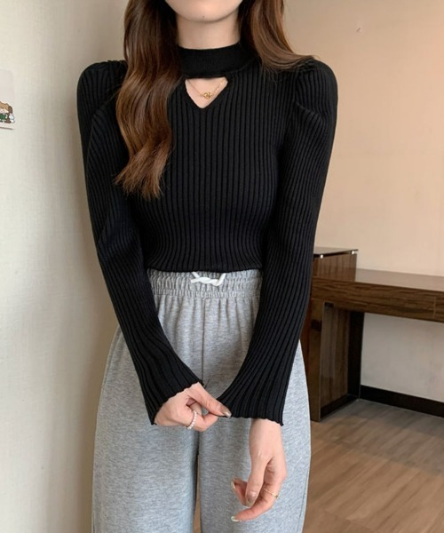 カットアウトリブニットトップス 細身 カッティングニット