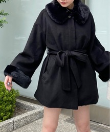 one way | ファー付きウエストリボンコート(ノーカラーコート)