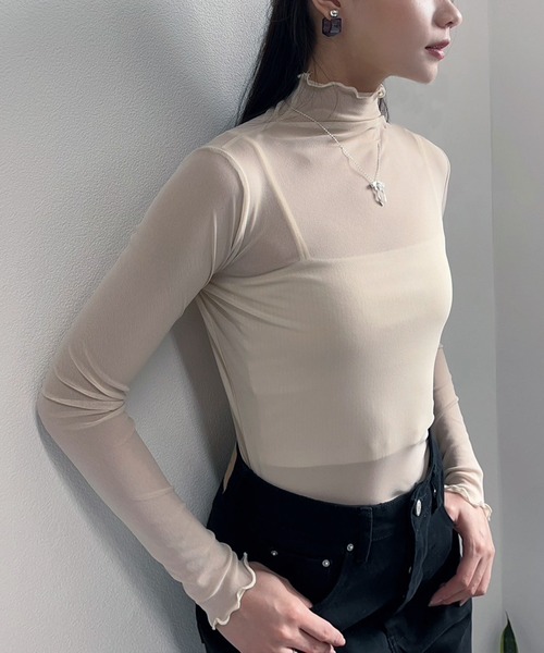 MAX&Co. ⭐️ (44) トップス 長袖 クロップド丈 フェミニン 透け感 セール】シアーメローハイネック長袖トップス（Tシャツ