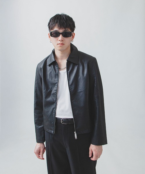 レザージャケット 短丈 ダブルジップ ブラック White Line】 ミニマル レザー ジャケット / 短丈 ジャケット