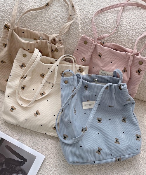 Mignonjour（ミニョンジュール）の「Mignonjour/くまコーデュロイトートバッグ M2596（トートバッグ・レディース・ベージュ/ホワイト/ブルー/ピンク・FREE）」の10枚目の写真