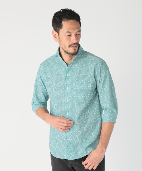 MEN'S BIGI(メンズビギ)の「〈イージーケア/吸水速乾〉エアリーサッカー千鳥フラワープリント七分袖シャツ(シャツ/ブラウス・メンズ・ホワイト系その他/グリーン/イエロー/ネイビー・01/02/03/04)」の3枚目の写真