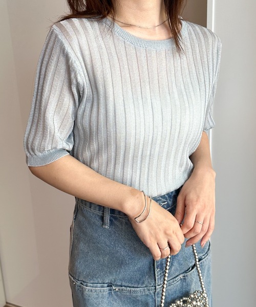 RANAN(ラナン)の「半袖シアーラメサマーニット(ニット/セーター・レディース・ブルー/オフホワイト/ブラウン/チャコール・LL/L/M)」の1枚目の写真