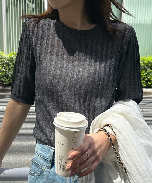 RANAN(ラナン)の「半袖シアーラメサマーニット(ニット/セーター・レディース・ブルー/オフホワイト/ブラウン/チャコール・LL/L/M)」の3枚目の写真