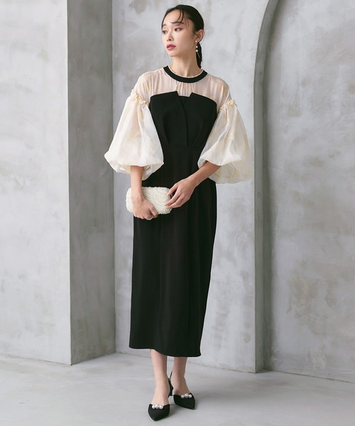 RUIRUE BOUTIQUE(ルイルエブティック)の「オケージョンドレス 結婚式 ストレッチ | ボリュームスリーブ & ビスチェ タイトワンピース ドレス | 二次会 披露宴 美脚 ワンピース お呼ばれドレス パーティードレス(ドレス・レディース・グリーン/ネイビー/ブラック・LL/S/M/L)」の2枚目の写真