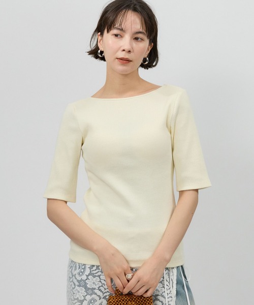 BABYLONE(バビロン)の「【洗濯可】カップ付き5分袖プルオーバー(Tシャツ/カットソー・レディース・チャコール/ホワイト/ブラック・フリー)」の1枚目の写真