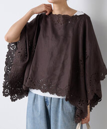 [美品]BEARDSLEY 釦ホール刺繍ブラウス ブラウン リネン F パールボタンリネン前後ブラウス （シャツ・ブラウス