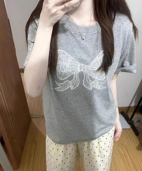 セール】フロント レースリボン クルーネック 半袖 Tシャツ（T