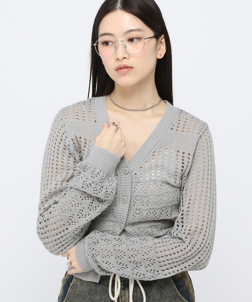 3.3 Field Trip （3.3フィールドトリップ）の「3.3 Field Trip／ミディ丈メッシュニットカーディガン（カーディガン/ボレロ・レディース・グレー/ピンク/イエロー・FREE）」の2枚目の写真