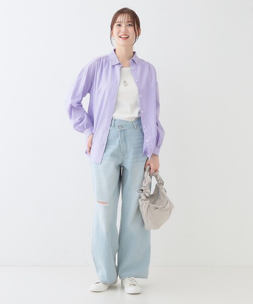 洗える】バックギャザーがポイント 綿ワッシャー前開きシャツ