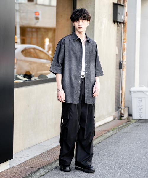 オーバーサイズユーズドケミカルウォッシュ加工半袖デニムシャツ