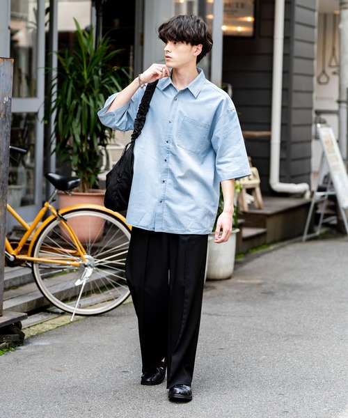 オーバーサイズユーズドケミカルウォッシュ加工半袖デニムシャツ