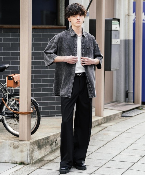 オーバーサイズユーズドケミカルウォッシュ加工半袖デニムシャツ