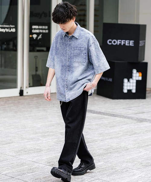 オーバーサイズユーズドケミカルウォッシュ加工半袖デニムシャツ