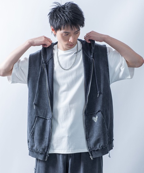 StartingOver ワンポイント刺繍 ノースリーブ パーカー セットアップ セール】one point sleeveless zip hoodie/ワンポイント刺繍