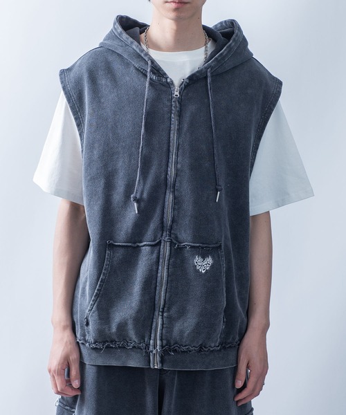 StartingOver ワンポイント刺繍 ノースリーブ パーカー セットアップ セール】one point sleeveless zip hoodie/ワンポイント刺繍