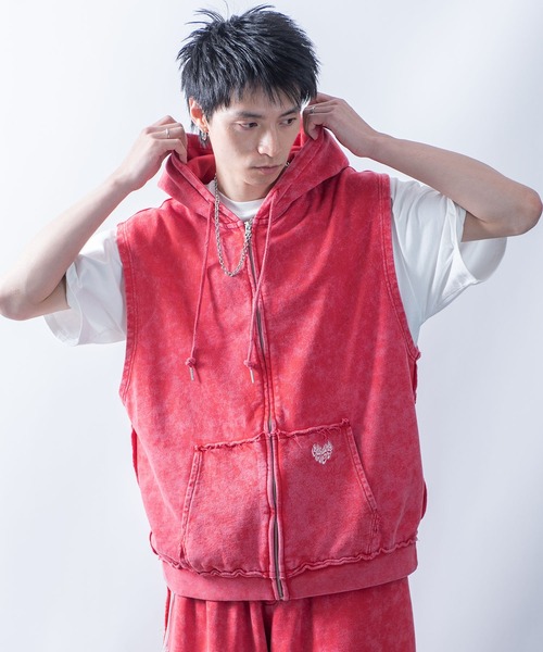 Starting Over（スターティングオーバー）の「one point sleeveless zip hoodie/ワンポイント刺繍 ノースリーブ パーカー（パーカー・メンズ・レッド/ブラック・M/L）」の10枚目の写真