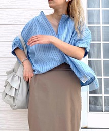 Q | ショートチュール重ね ストライプシャツ(シャツ/ブラウス)