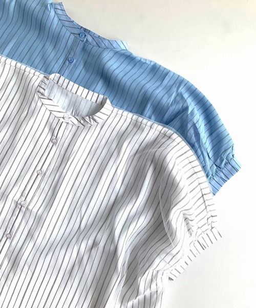 Q（キュー）の「ショートチュール重ね ストライプシャツ（シャツ/ブラウス・レディース・ホワイト/ライトブルー・MEDIUM）」の6枚目の写真