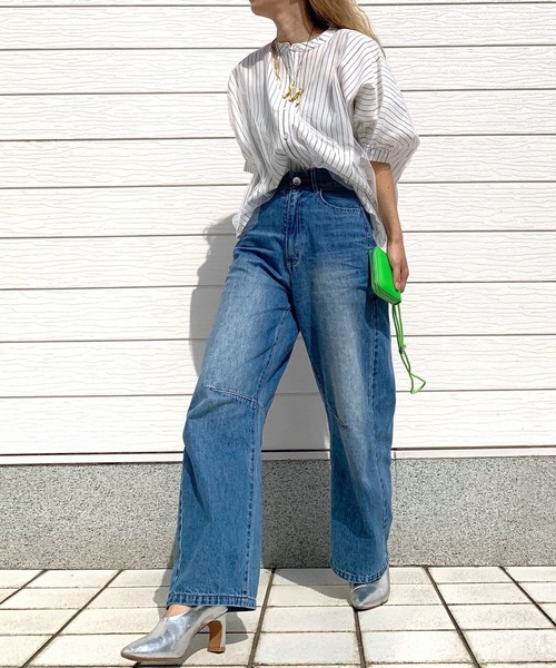 Q（キュー）の「ショートチュール重ね ストライプシャツ（シャツ/ブラウス・レディース・ホワイト/ライトブルー・MEDIUM）」の14枚目の写真