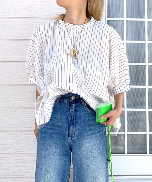 Q（キュー）の「ショートチュール重ね ストライプシャツ（シャツ/ブラウス・レディース・ホワイト/ライトブルー・MEDIUM）」の17枚目の写真