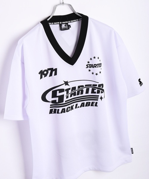 STARTER(スターター)の「STARTER BLACK LABEL メッシュ ビッグロゴ Vネック 半袖T 裾ドローコード(Tシャツ/カットソー・メンズ・ブラック/ホワイト/グレー・M/L)」の1枚目の写真