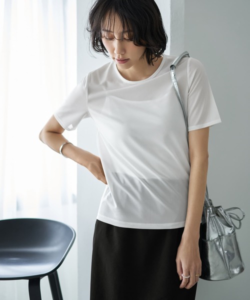 STYLE DELI（スタイルデリ）の「ストレッチメッシュ半袖トップス（Tシャツ/カットソー・レディース・ブラック/ホワイト・MEDIUM）」の2枚目の写真