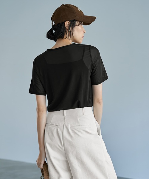 STYLE DELI（スタイルデリ）の「ストレッチメッシュ半袖トップス（Tシャツ/カットソー・レディース・ブラック/ホワイト・MEDIUM）」の4枚目の写真