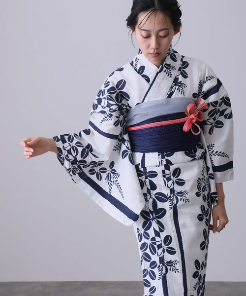 大人浴衣2点セット洗える 綿麻帯 兵児帯 女性 黒 選べる シック レトロ
