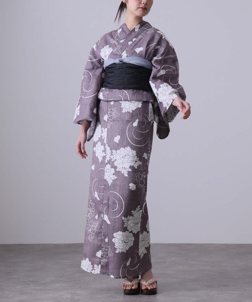 大人浴衣2点セット洗える 綿麻帯 兵児帯 女性 黒 選べる シック レトロ