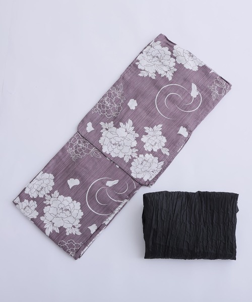 大人浴衣2点セット洗える 綿麻帯 兵児帯 女性 黒 選べる シック レトロ