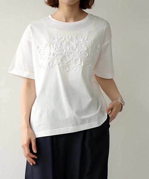 Jines(ジネス)の「シルケット天竺テープ刺繍Tシャツ(Tシャツ/カットソー・レディース・ホワイト/ブラック・38)」の17枚目の写真