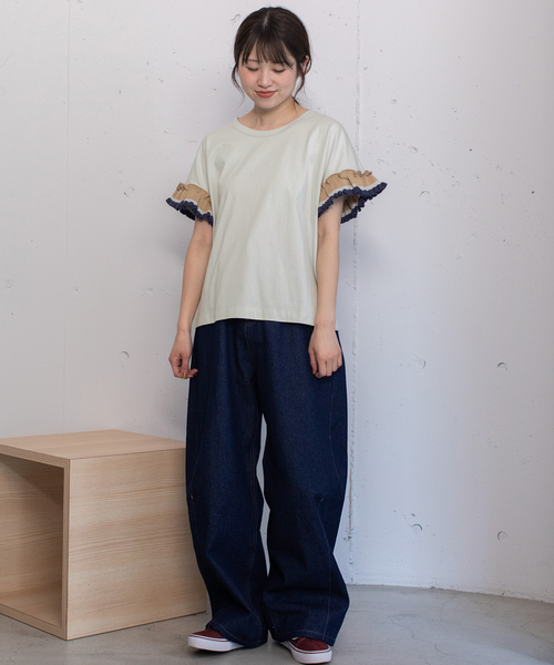 POU DOU DOU(プードゥドゥ)の「ニットフリル袖Tシャツ(Tシャツ/カットソー・レディース・ライトグレー/オフホワイト/ブラック・M)」の13枚目の写真