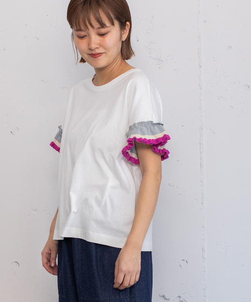 POU DOU DOU(プードゥドゥ)の「ニットフリル袖Tシャツ(Tシャツ/カットソー・レディース・ライトグレー/オフホワイト/ブラック・M)」の11枚目の写真