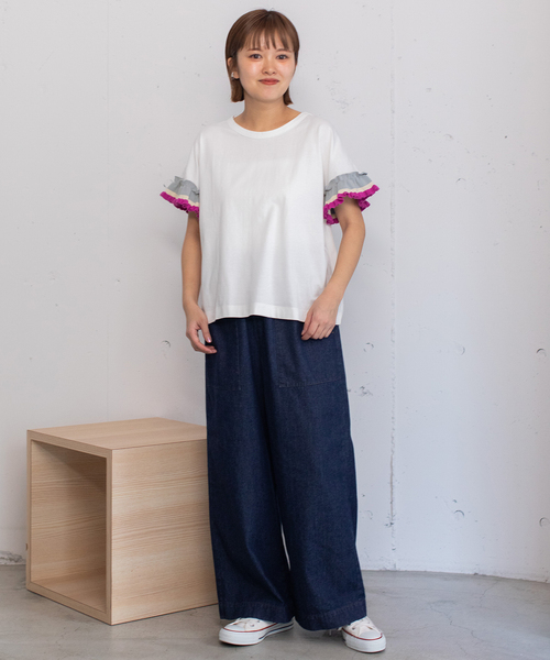 POU DOU DOU(プードゥドゥ)の「ニットフリル袖Tシャツ(Tシャツ/カットソー・レディース・ライトグレー/オフホワイト/ブラック・M)」の8枚目の写真