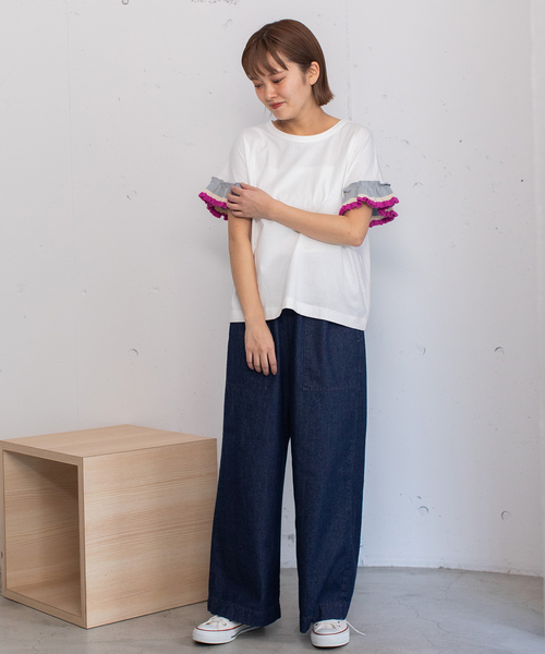 POU DOU DOU(プードゥドゥ)の「ニットフリル袖Tシャツ(Tシャツ/カットソー・レディース・ライトグレー/オフホワイト/ブラック・M)」の7枚目の写真