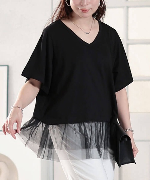GOLDJAPAN(ゴールドジャパン)の「裾ティアードチュール切り替えTシャツ【大きいサイズ対応】(Tシャツ/カットソー・レディース・ブラック/グレー/グリーン・LL/3L/4L/5L)」の2枚目の写真