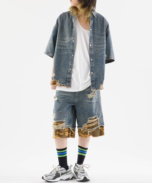 Theater code(シアターコード)の「Damaged Camouflage Denim Jacket/ダメージ迷彩デニムジャケット 秋 秋服メンズ 2026年秋冬(デニムジャケット・メンズ・ブラック系1/ブルー系1・M/L)」の11枚目の写真