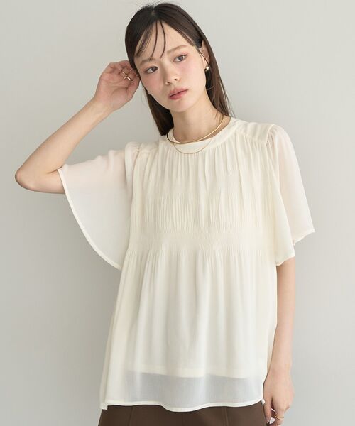 earth music&ecology(アースミュージックアンドエコロジー)の「マジョリカプリーツ半袖ブラウス(シャツ/ブラウス・レディース・ブラック系その他/アイボリー/ベージュ系その他3/ブラック・FREE)」の2枚目の写真