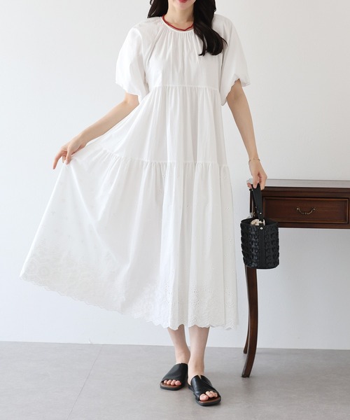 バルーン袖コットンレースワンピース