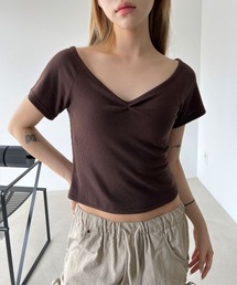 Vネック シャーリング スリムフィット リブ クロップド 半袖 Tシャツ