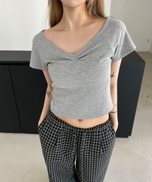 Vネック シャーリング スリムフィット リブ クロップド 半袖 Tシャツ