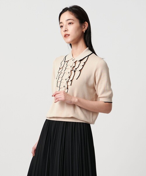 スカラップ フリル ショートスリーブ ニット ‐ウォッシャブル