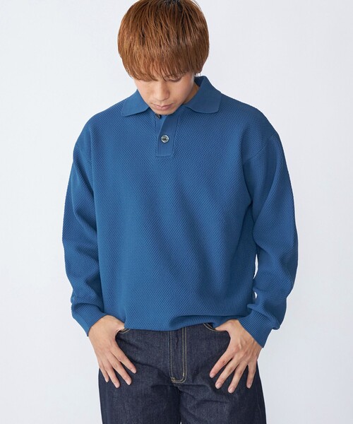 City Ambient Products（シティアンビエントプロダクツ）の「City Ambient Products:〈手洗い可能〉ポリエステル メッシュ ニット ポロ ロングスリーブ（ニット/セーター・メンズ・ブラウン/ブラック/オフホワイト/ブルー・SMALL/MEDIUM/LARGE）」の6枚目の写真